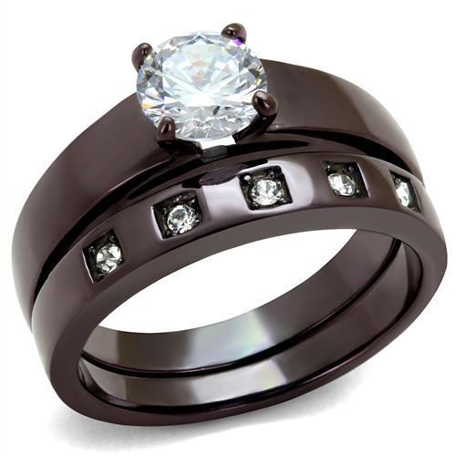 TK2547 IP Dark Brown Stainless Steel Ring featuring AAA Grade CZ stones in a round shape, showcasing its elegant design and durable material.