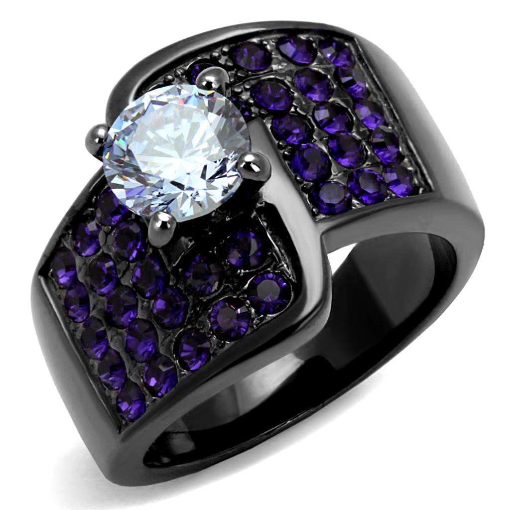 TK2644 IP Light Black Stainless Steel Ring featuring AAA Grade CZ stones in Light Amethyst, showcasing a sleek and modern design.