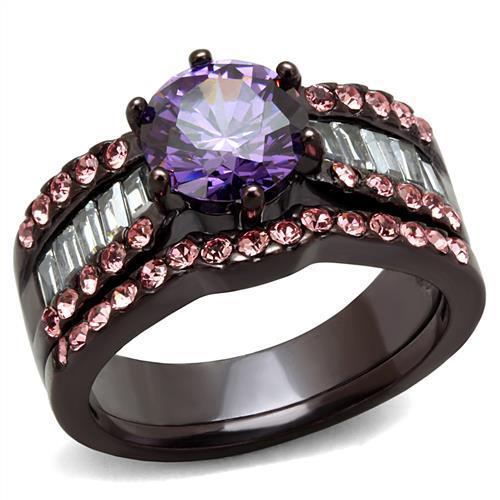 TK2652 IP Dark Brown Stainless Steel Ring featuring AAA Grade CZ stone in amethyst color, showcasing a stylish and durable design.