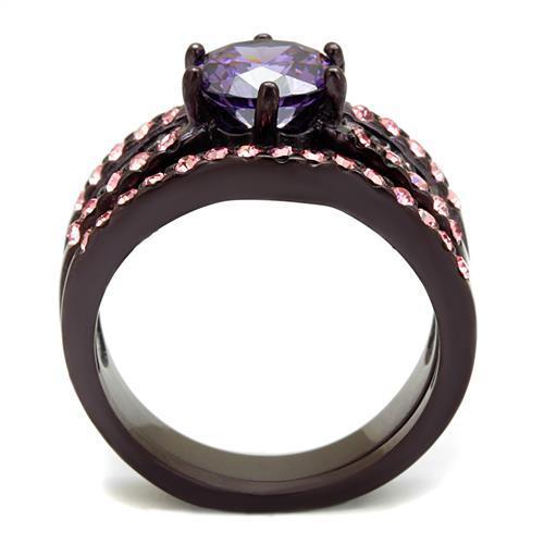 TK2652 IP Dark Brown Stainless Steel Ring featuring AAA Grade CZ stone in amethyst color, showcasing a stylish and durable design.