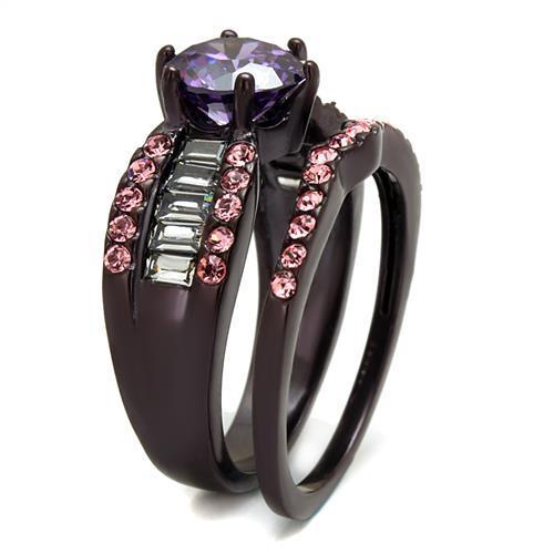 TK2652 IP Dark Brown Stainless Steel Ring featuring AAA Grade CZ stone in amethyst color, showcasing a stylish and durable design.