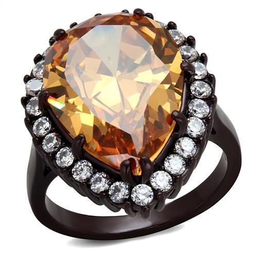 TK2675 IP Dark Brown Stainless Steel Ring featuring AAA Grade CZ stones in champagne color, elegantly designed with a pear shape.