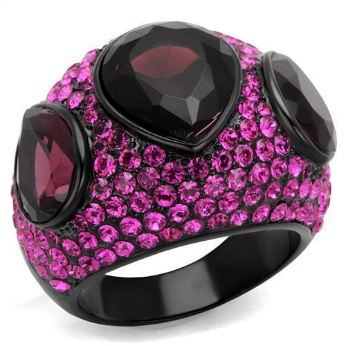 TK2276 IP Black Stainless Steel Ring featuring synthetic amethyst stone, showcasing a sleek design with ion plating.