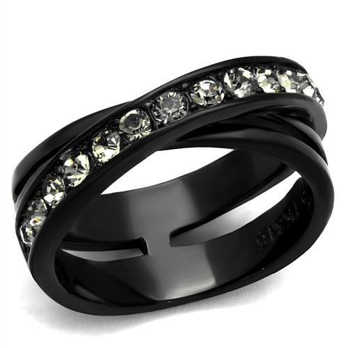 TK2281 IP Black Stainless Steel Ring featuring black diamond crystals and sleek ion plating.