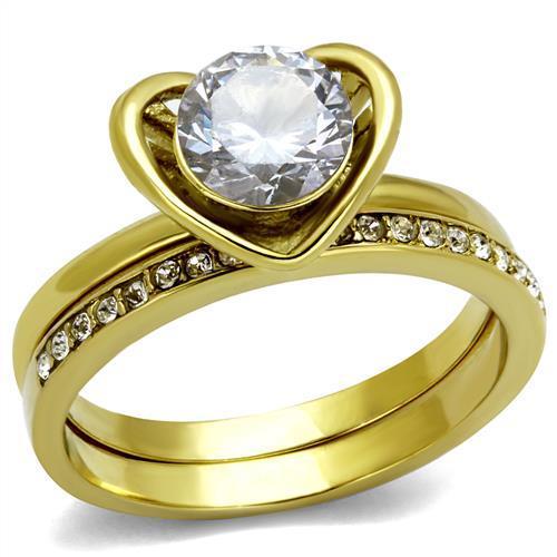 TK2295 IP Gold Stainless Steel Ring featuring AAA Grade CZ stones, showcasing a luxurious design with gold ion plating.