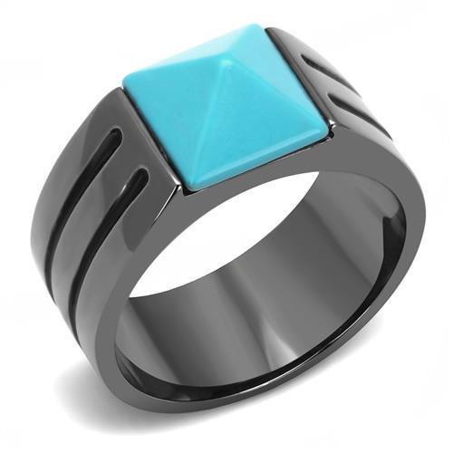 TK3074 IP Light Black Ring made of stainless steel featuring a vibrant turquoise stone in sea blue color.