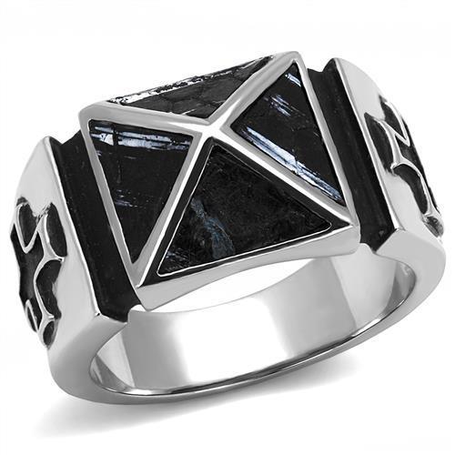 TK3075 High Polished Stainless Steel Ring with leather stone accent in jet color, showcasing a sleek and elegant design.