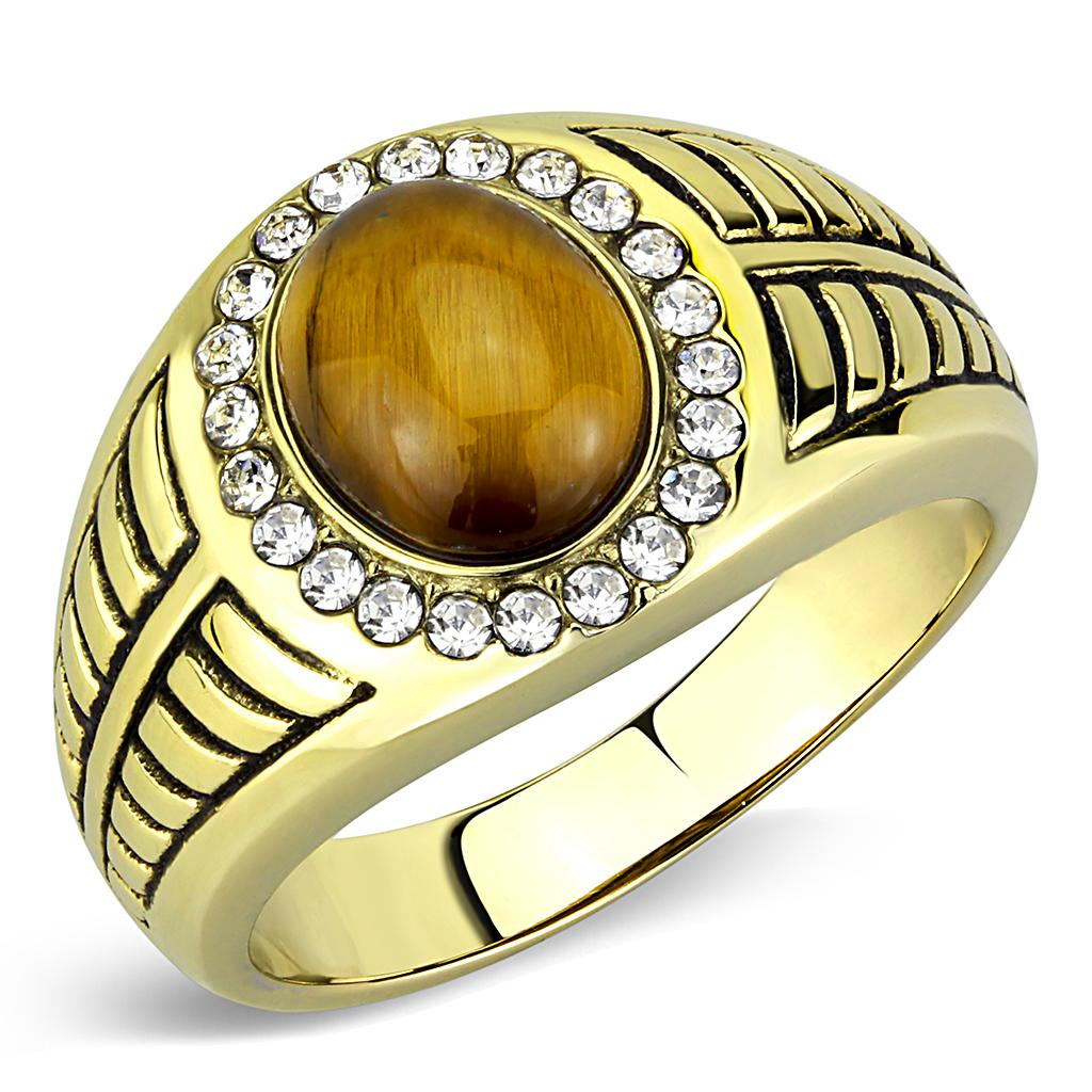 TK3293 IP Gold Stainless Steel Ring featuring a synthetic Tiger Eye stone in topaz color, showcasing a luxurious design.