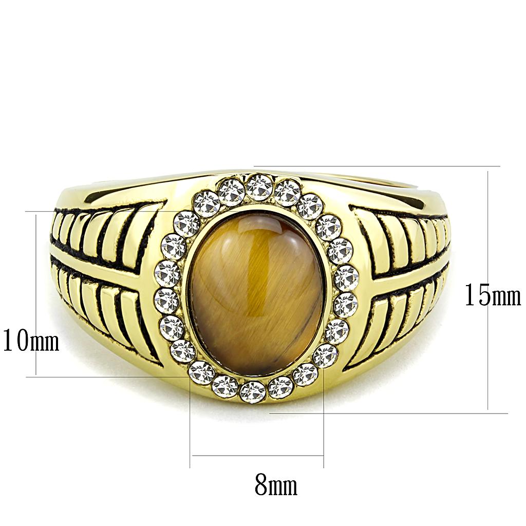 TK3293 IP Gold Stainless Steel Ring featuring a synthetic Tiger Eye stone in topaz color, showcasing a luxurious design.