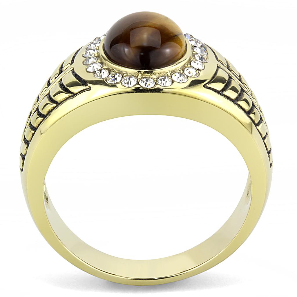 TK3293 IP Gold Stainless Steel Ring featuring a synthetic Tiger Eye stone in topaz color, showcasing a luxurious design.