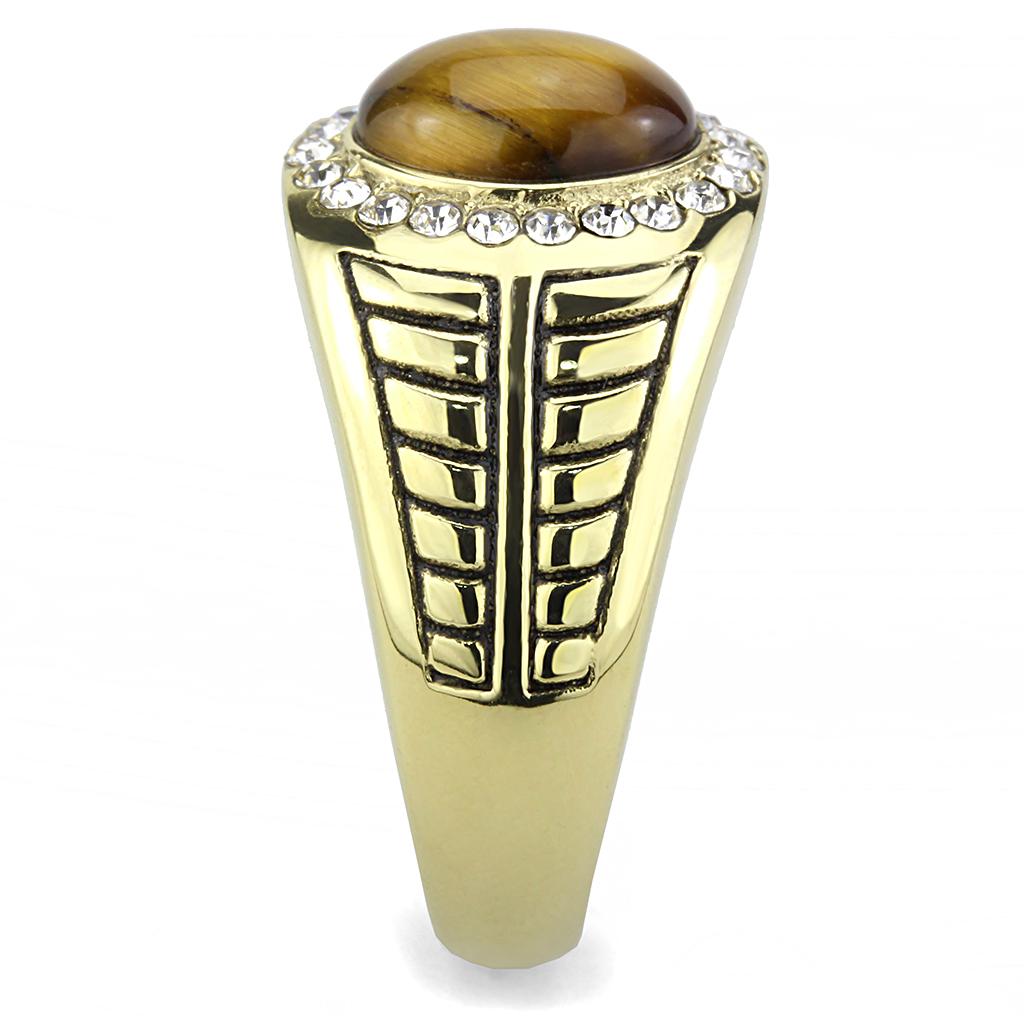 TK3293 IP Gold Stainless Steel Ring featuring a synthetic Tiger Eye stone in topaz color, showcasing a luxurious design.