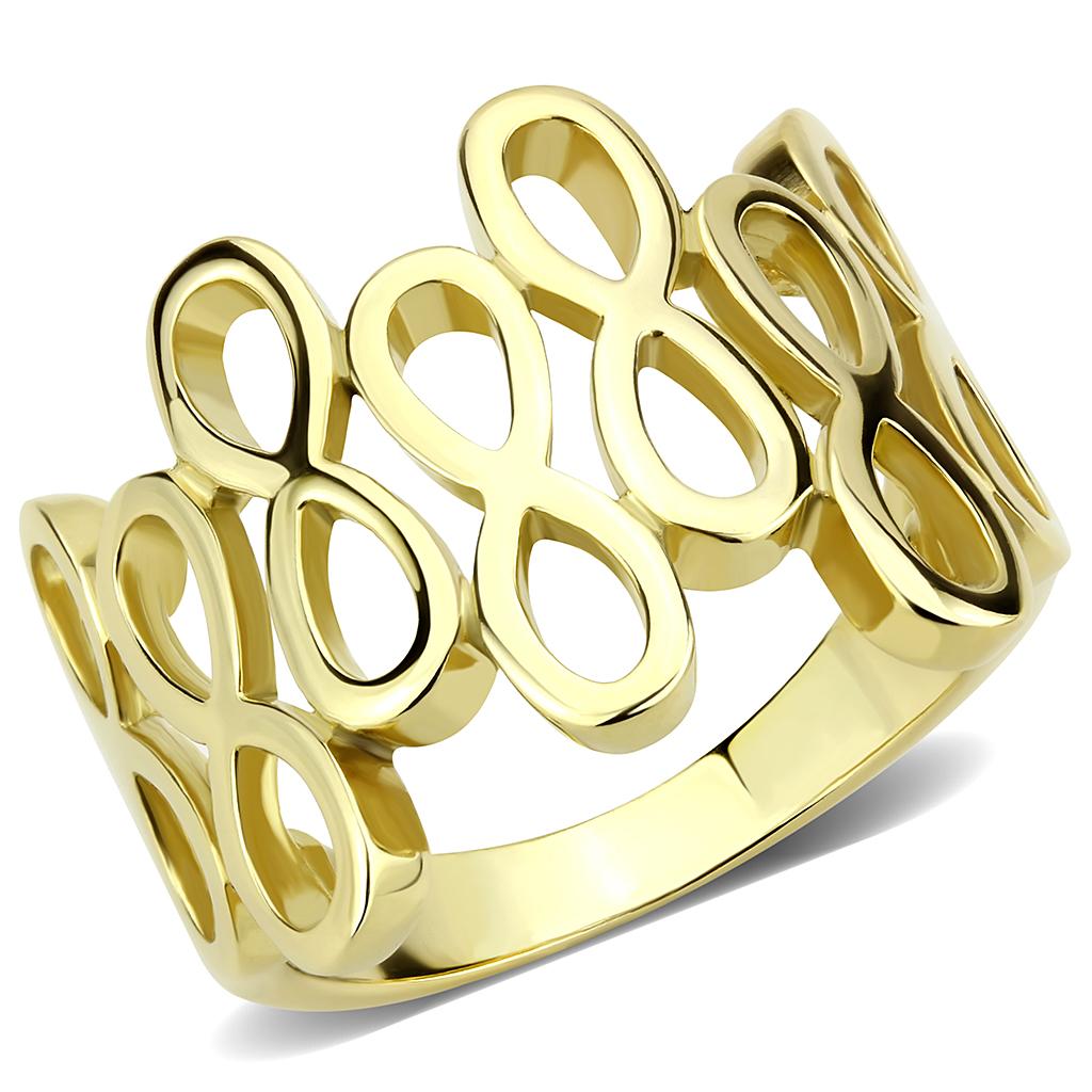 TK3569 IP Gold Stainless Steel Ring with a sleek, minimalist design, featuring a shiny gold finish and no center stone.