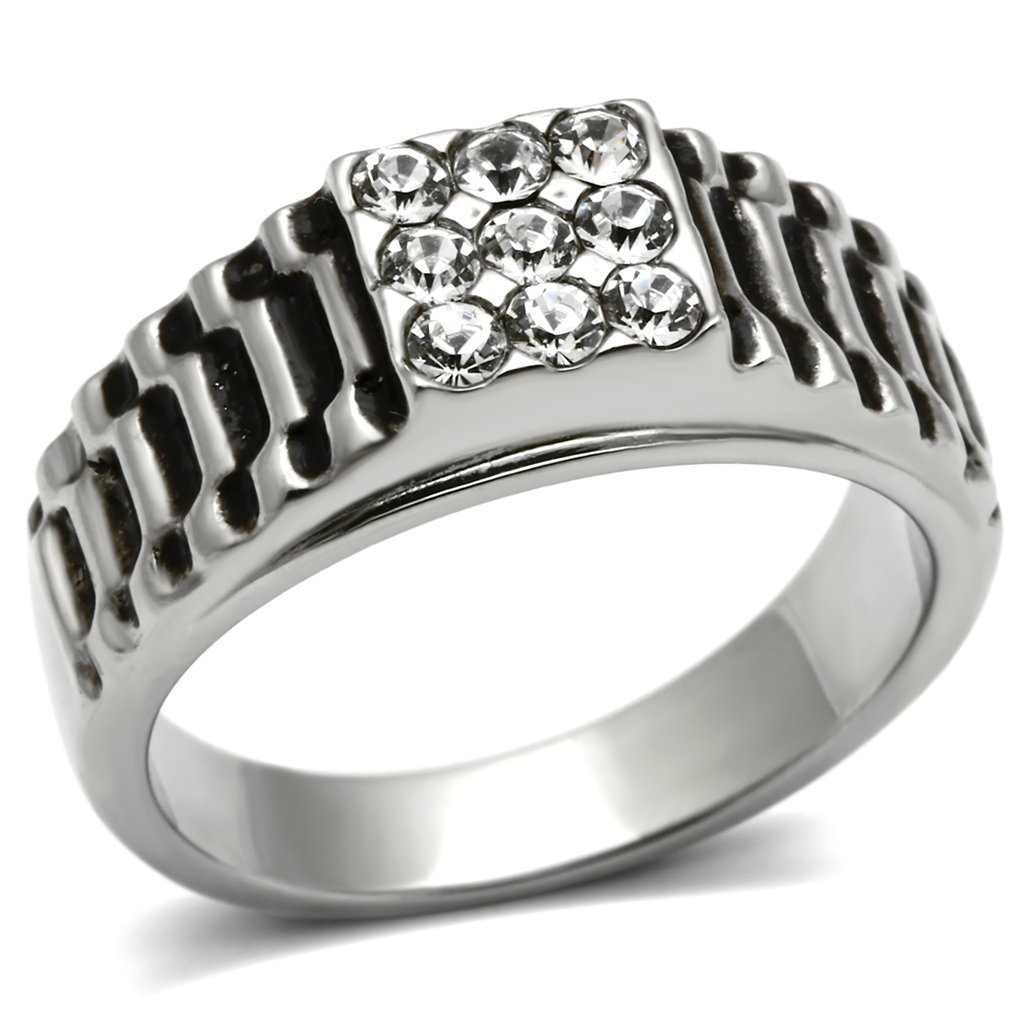 TK368 High Polished Stainless Steel Ring featuring a clear top grade crystal centerpiece, showcasing its elegant design and shiny finish.