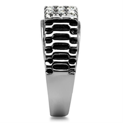 TK368 High Polished Stainless Steel Ring featuring a clear top grade crystal centerpiece, showcasing its elegant design and shiny finish.