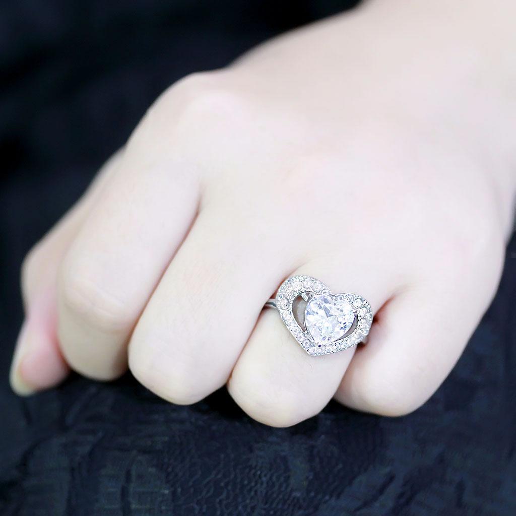 TK3698 High Polished Stainless Steel Ring featuring a clear AAA Grade CZ center stone, showcasing its elegant design and shiny finish.