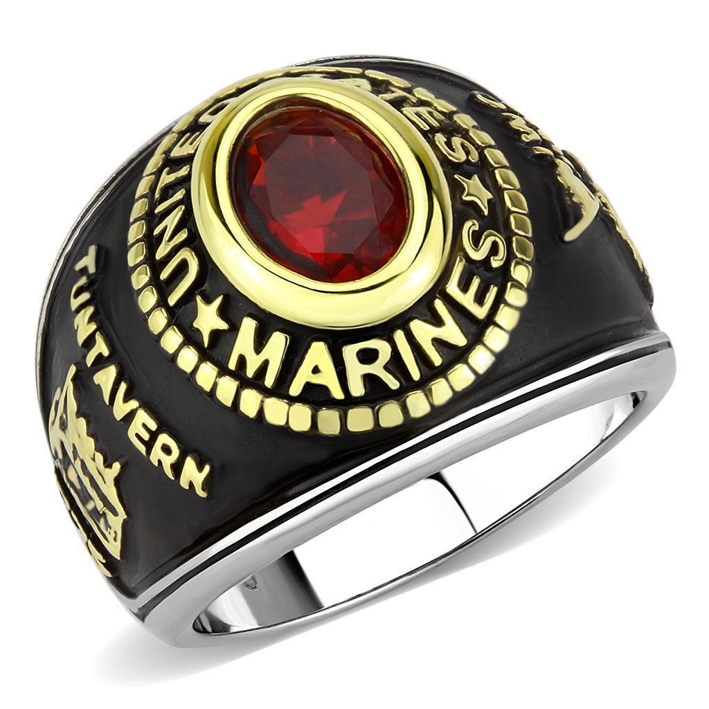 TK3723 Two-Tone IP Gold Stainless Steel Ring featuring a synthetic red glass stone, showcasing its elegant design and durable material.