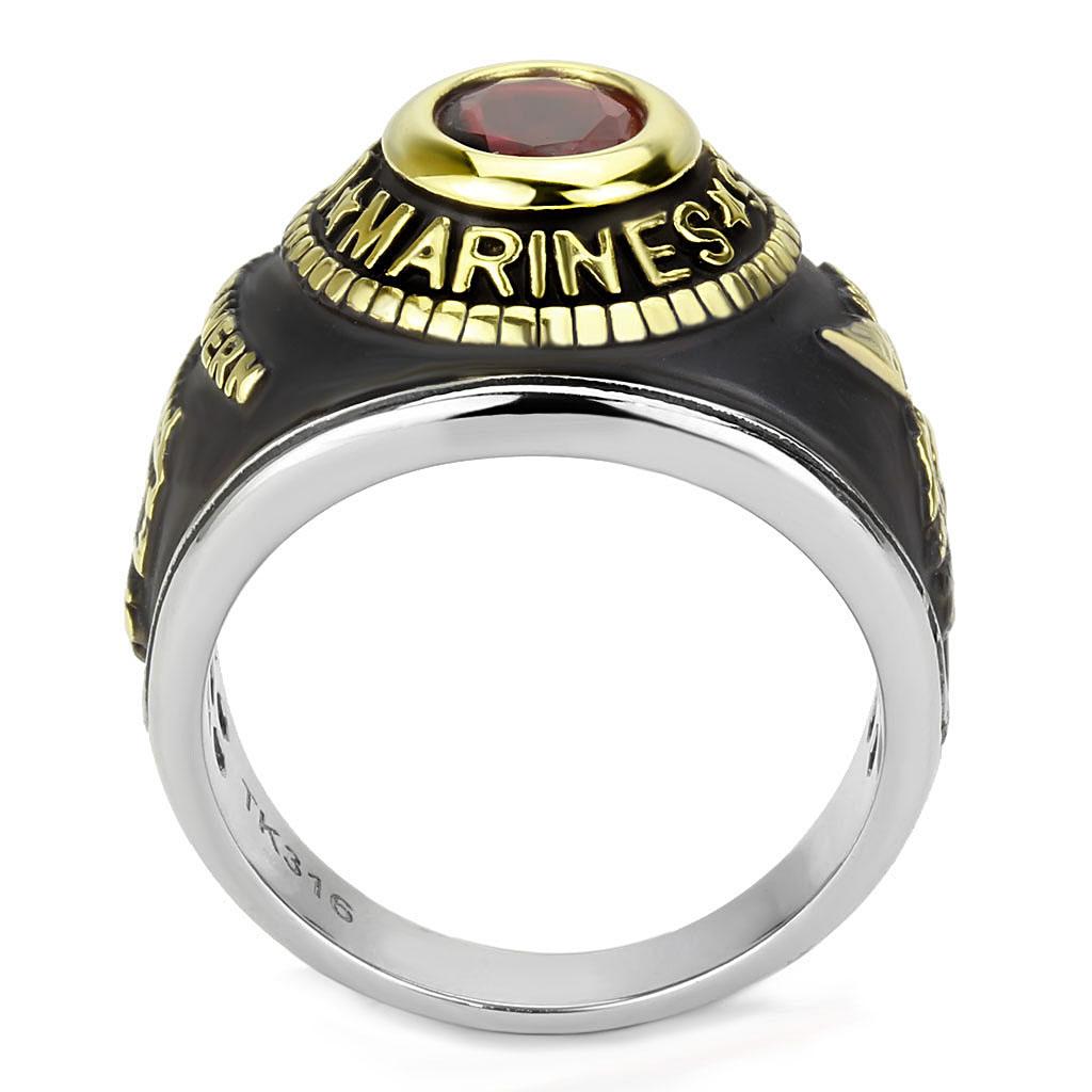 TK3723 Two-Tone IP Gold Stainless Steel Ring featuring a synthetic red glass stone, showcasing its elegant design and durable material.