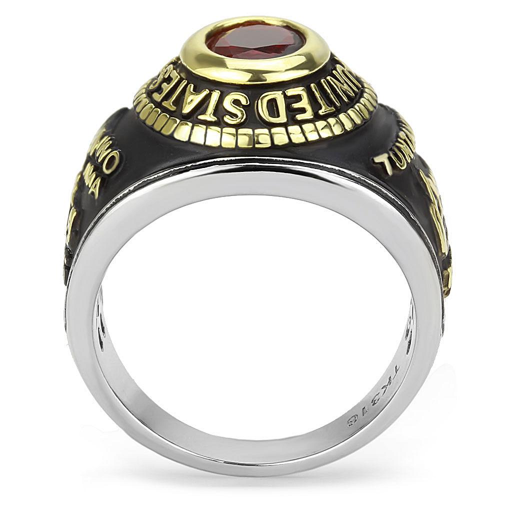 TK3723 Two-Tone IP Gold Stainless Steel Ring featuring a synthetic red glass stone, showcasing its elegant design and durable material.