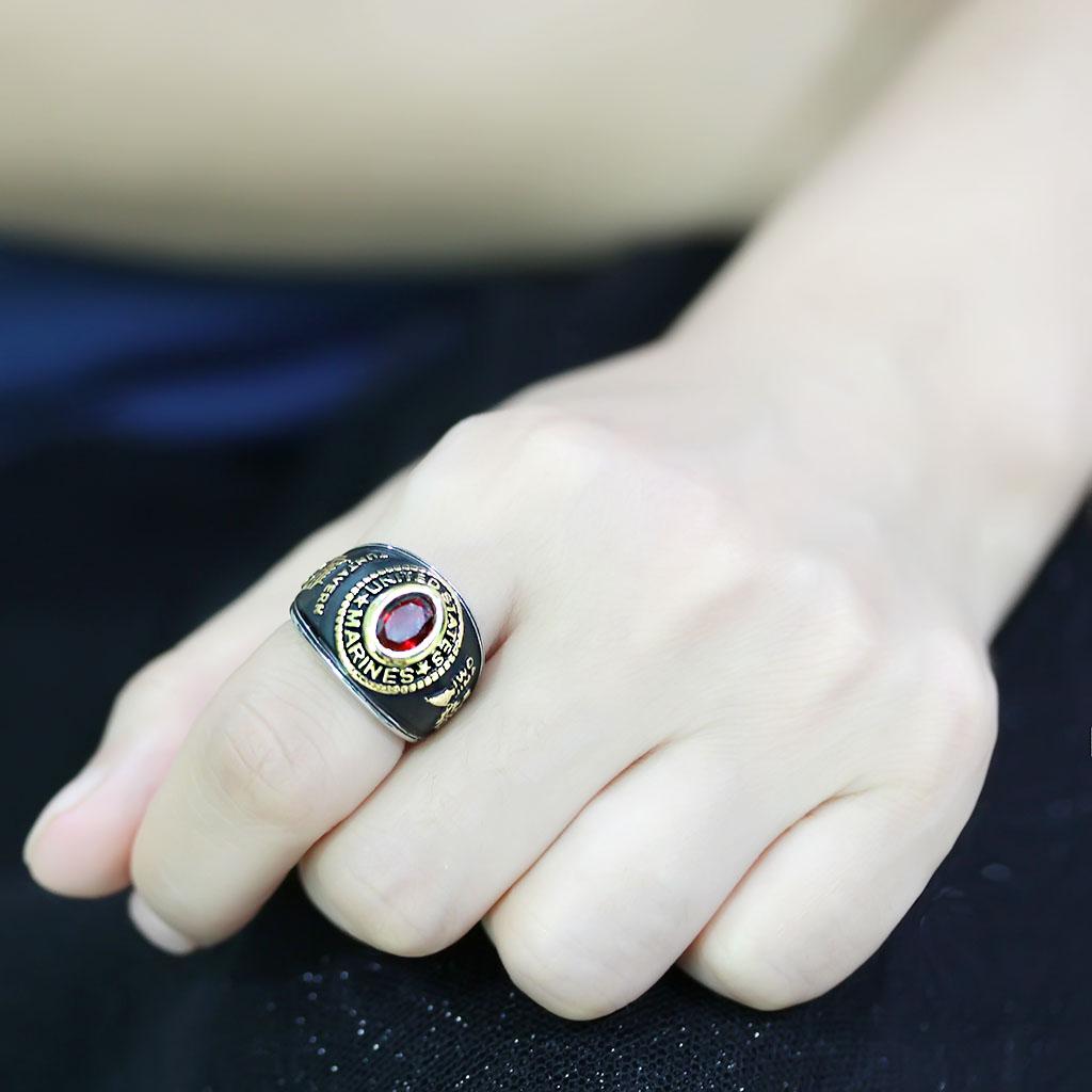 TK3723 Two-Tone IP Gold Stainless Steel Ring featuring a synthetic red glass stone, showcasing its elegant design and durable material.