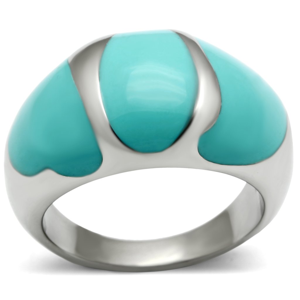 TK509 High Polished Stainless Steel Ring featuring a turquoise epoxy center stone, showcasing its sleek design and vibrant color.