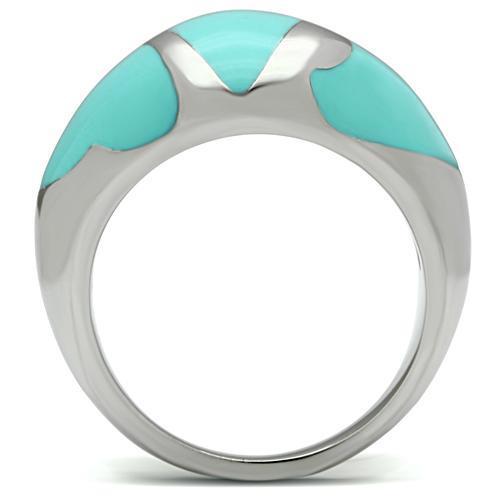 TK509 High Polished Stainless Steel Ring featuring a turquoise epoxy center stone, showcasing its sleek design and vibrant color.