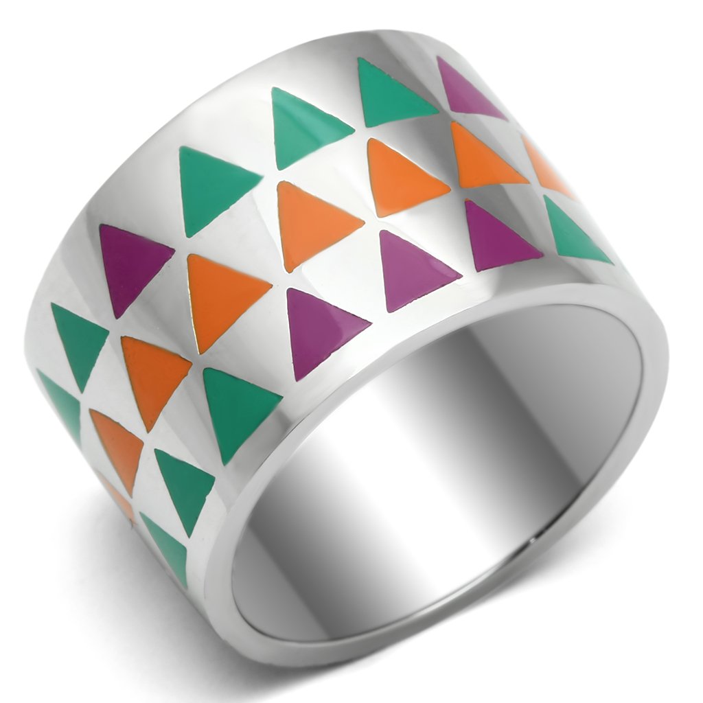 TK675 High Polished Stainless Steel Ring with multi-color epoxy stone, showcasing its elegant design and shine.