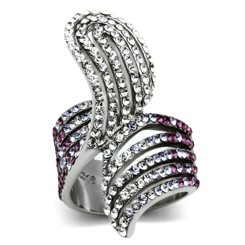 TK691 High Polished Stainless Steel Ring with multi-color top-grade crystal, showcasing a sleek and modern design.