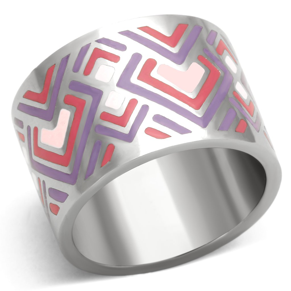 TK823 High Polished Stainless Steel Ring with vibrant multi-color epoxy design, showcasing its elegant shine and unique style.