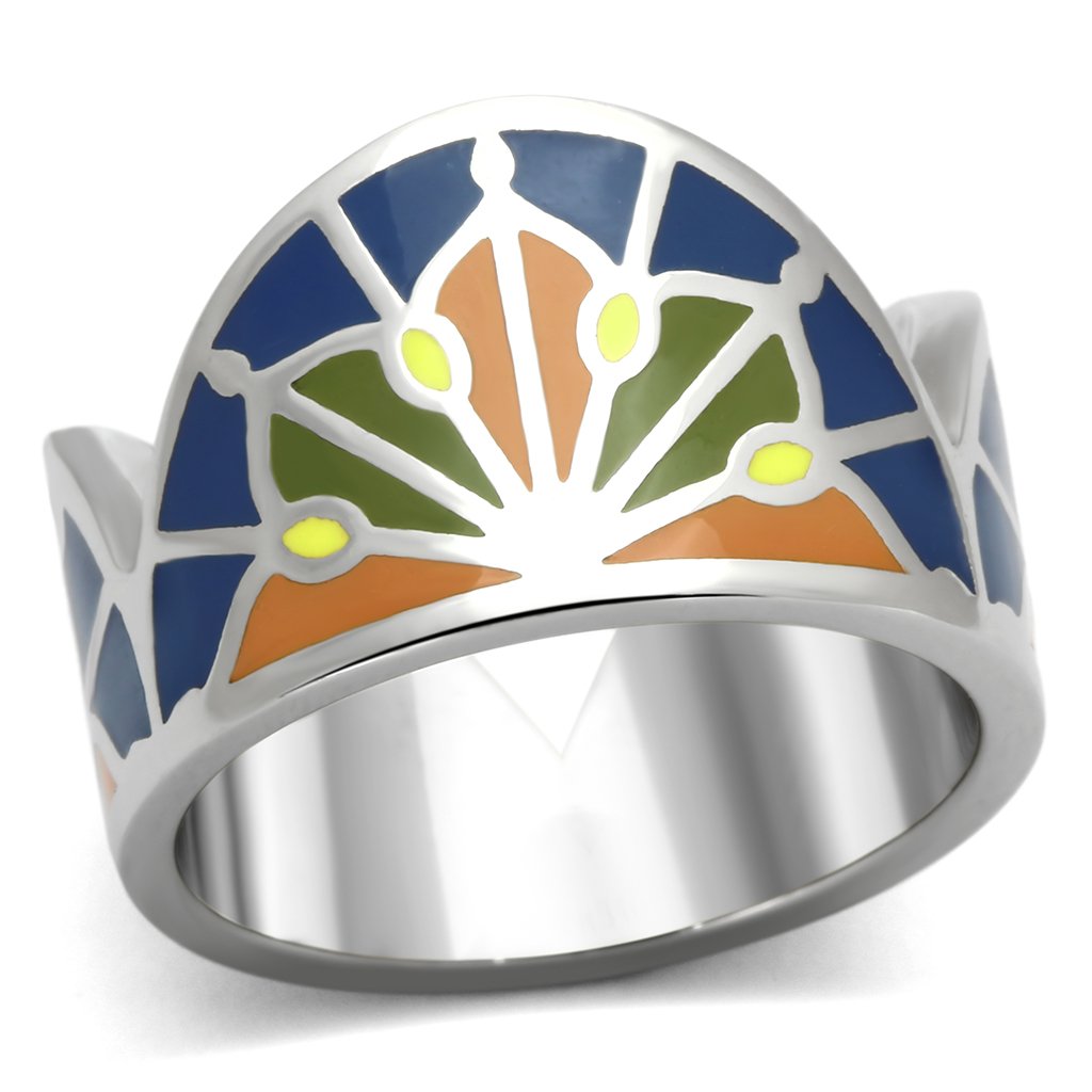 TK842 High Polished Stainless Steel Ring with vibrant multi-color epoxy stone, showcasing a sleek and modern design.