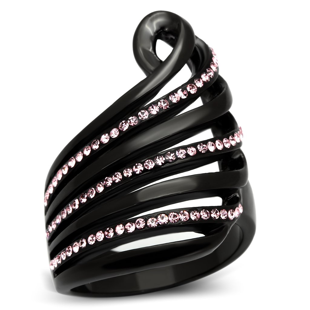 TK977 IP Black Stainless Steel Ring featuring light rose crystal, showcasing its elegant design and modern plating.