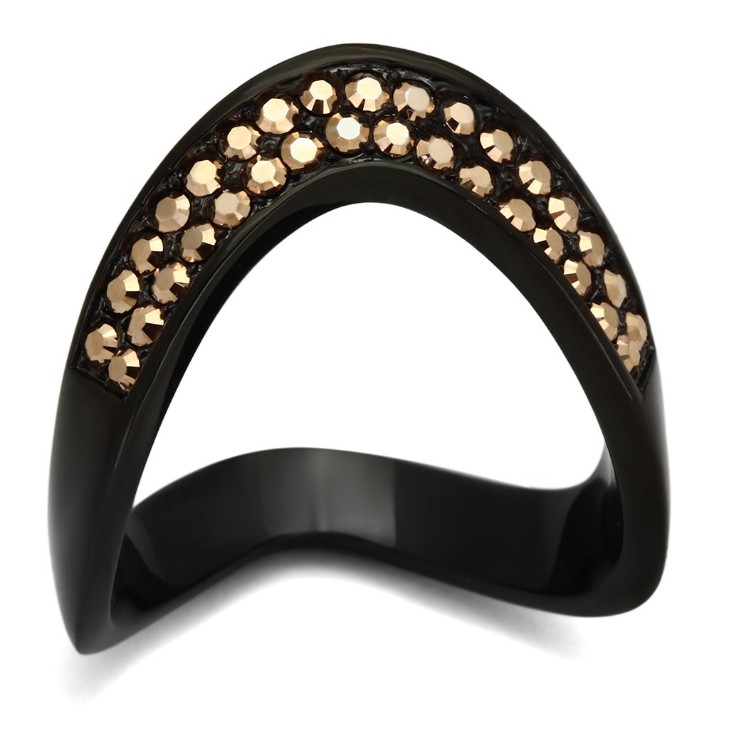 TK982 IP Black Stainless Steel Ring with top-grade crystal and metallic light gold accents, showcasing a modern design.