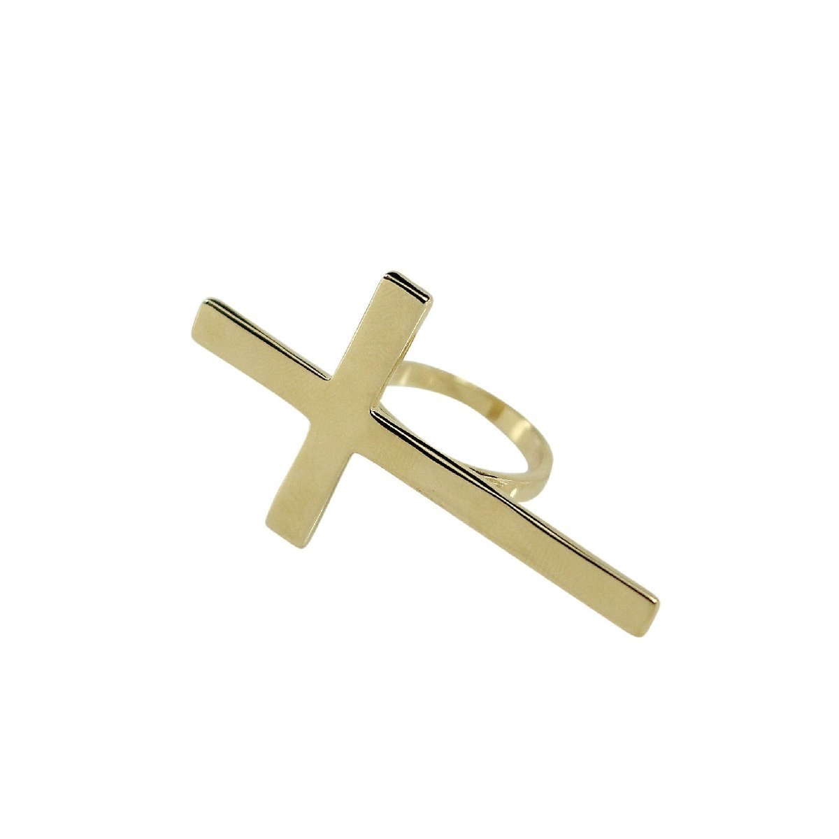 Trendy Oversized Sideways 14K Gold Cross Ring showcasing a bold sideways cross design, crafted in 14K gold electroplate over brass.