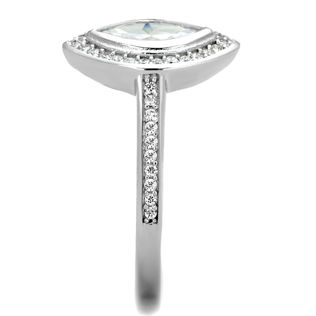 TS213 Rhodium 925 Sterling Silver Ring featuring a clear AAA Grade CZ stone, showcasing its elegant design and shiny finish.