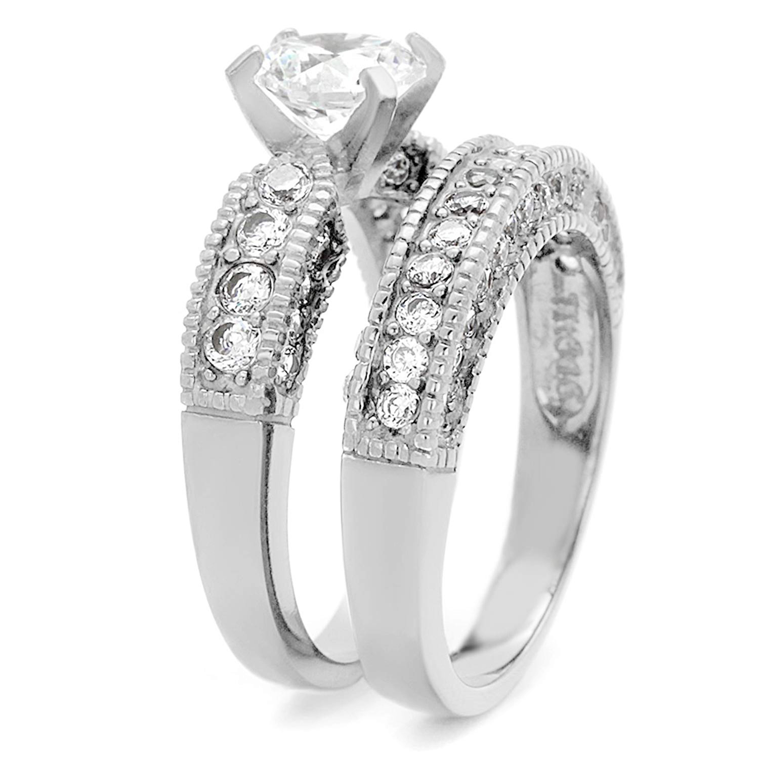 Women 2-Piece Stainless Steel Wedding Ring Set featuring a vintage design with cubic zirconia stones, perfect for weddings and special occasions.