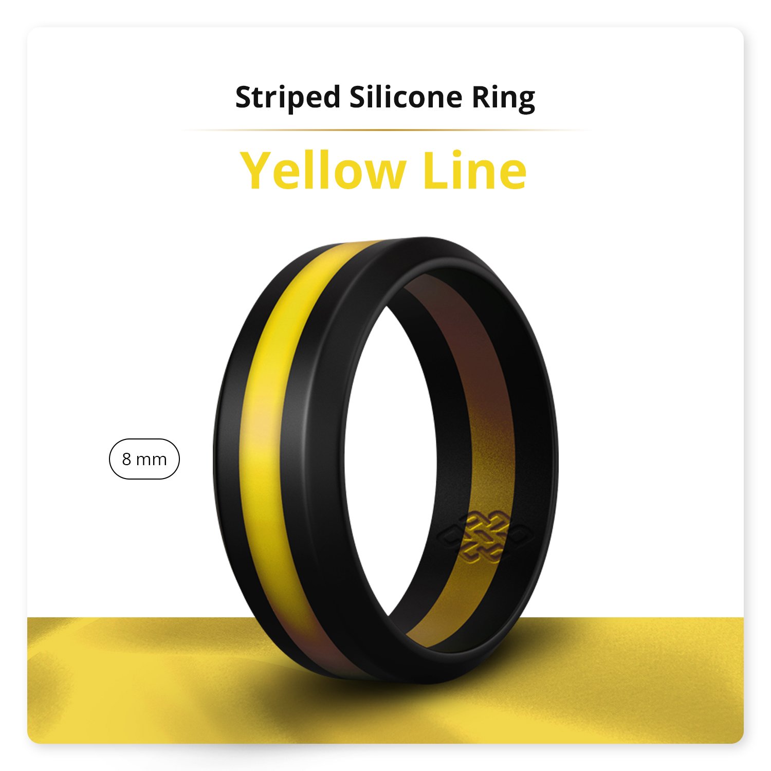 A sleek yellow stripe silicone ring designed for both men and women, featuring a beveled edge and 8mm width for comfort.