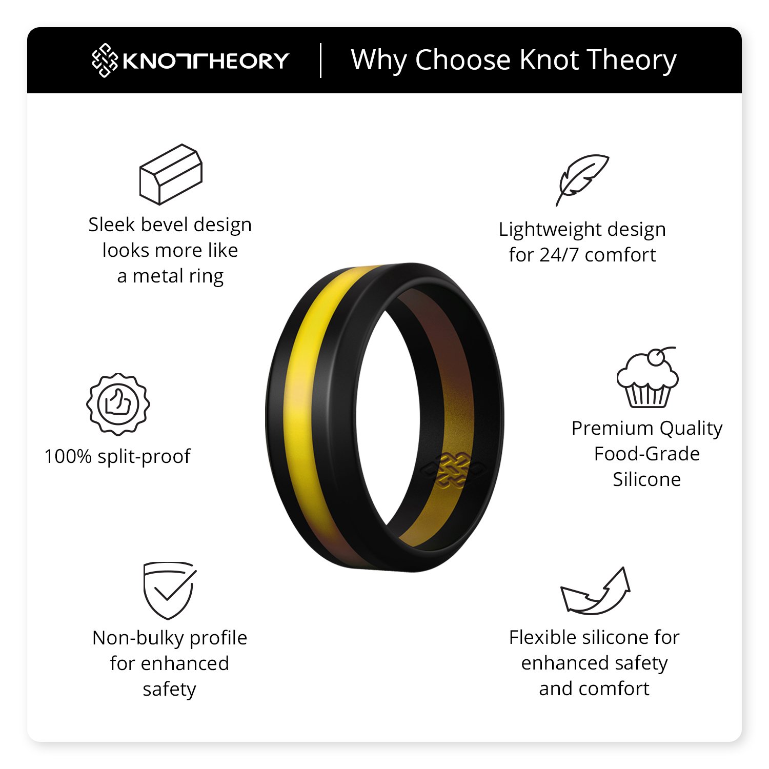 A sleek yellow stripe silicone ring designed for both men and women, featuring a beveled edge and 8mm width for comfort.