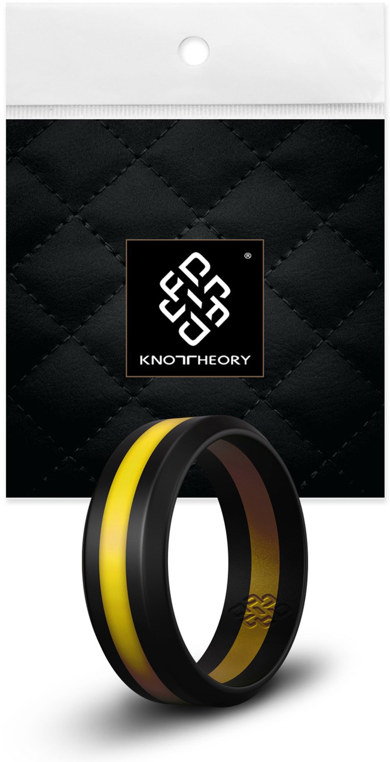 A sleek yellow stripe silicone ring designed for both men and women, featuring a beveled edge and 8mm width for comfort.