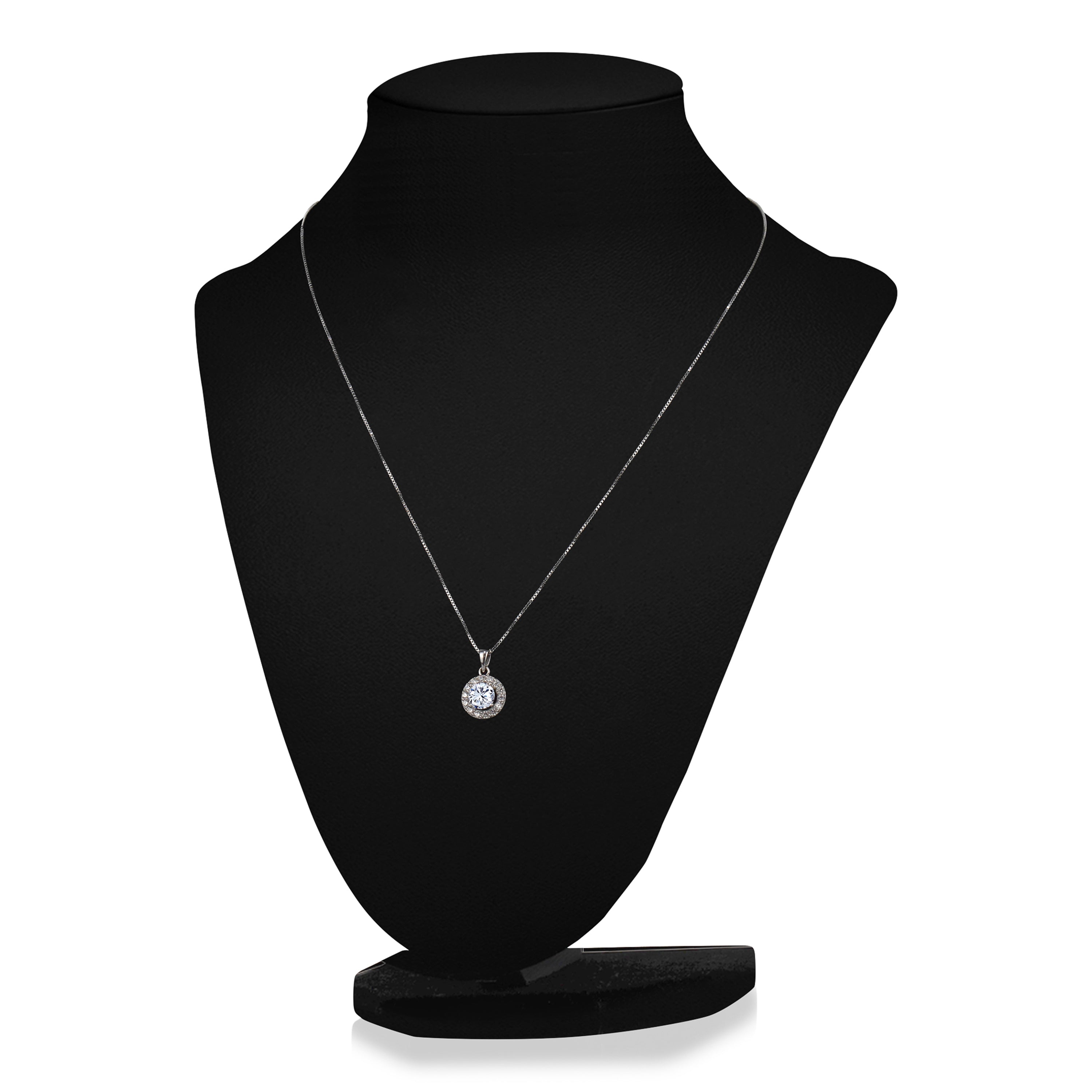 A stunning 5A Cubic Zirconia Round Necklace and Halo Drop Earrings Set made from 925 sterling silver with rhodium plating, elegantly displayed in a jewelry box.