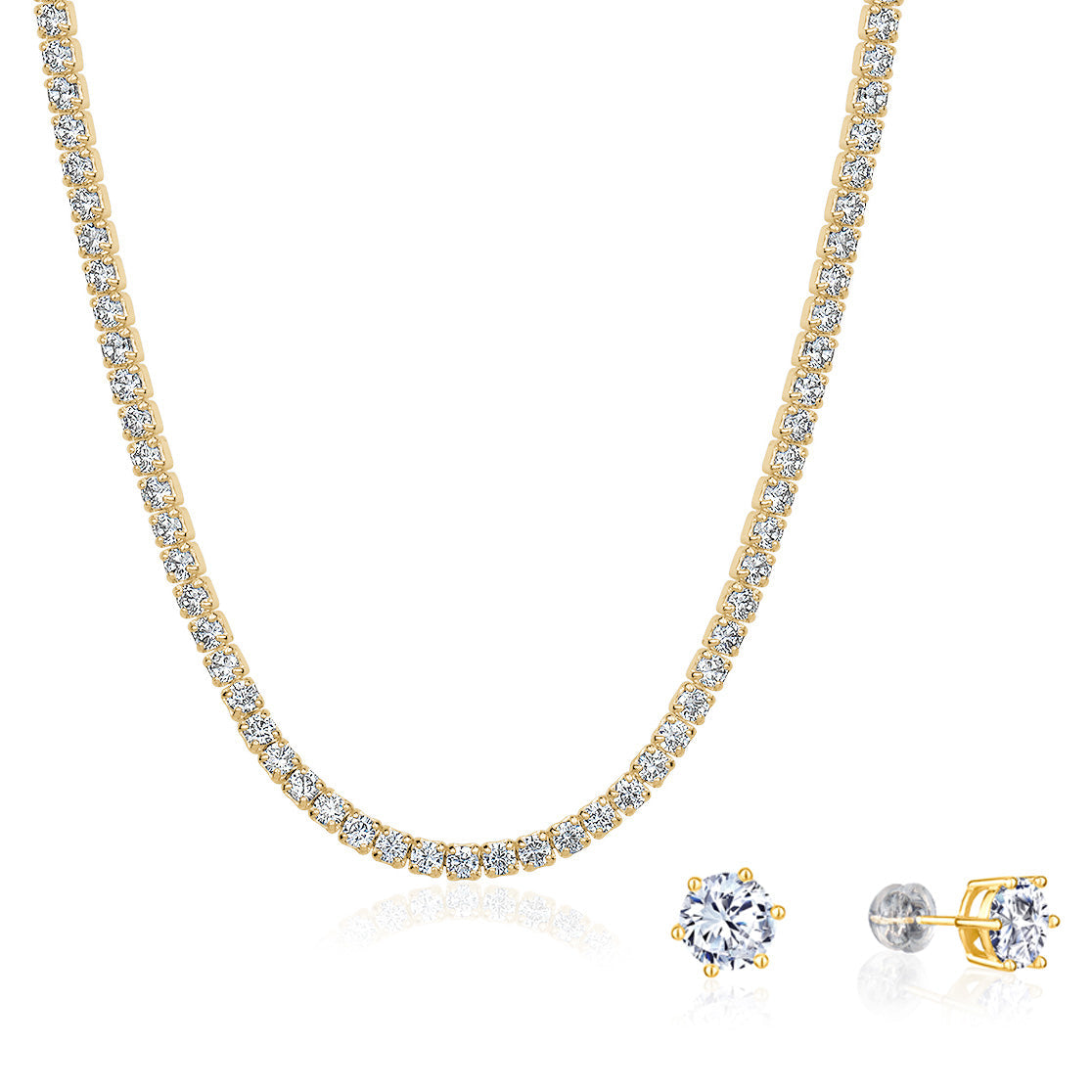 A stunning 5A Cubic Zirconia Tennis Necklace and 7mm Stud Earrings Set, crafted from 925 sterling silver and plated with 18K gold, displayed elegantly in a jewelry box.