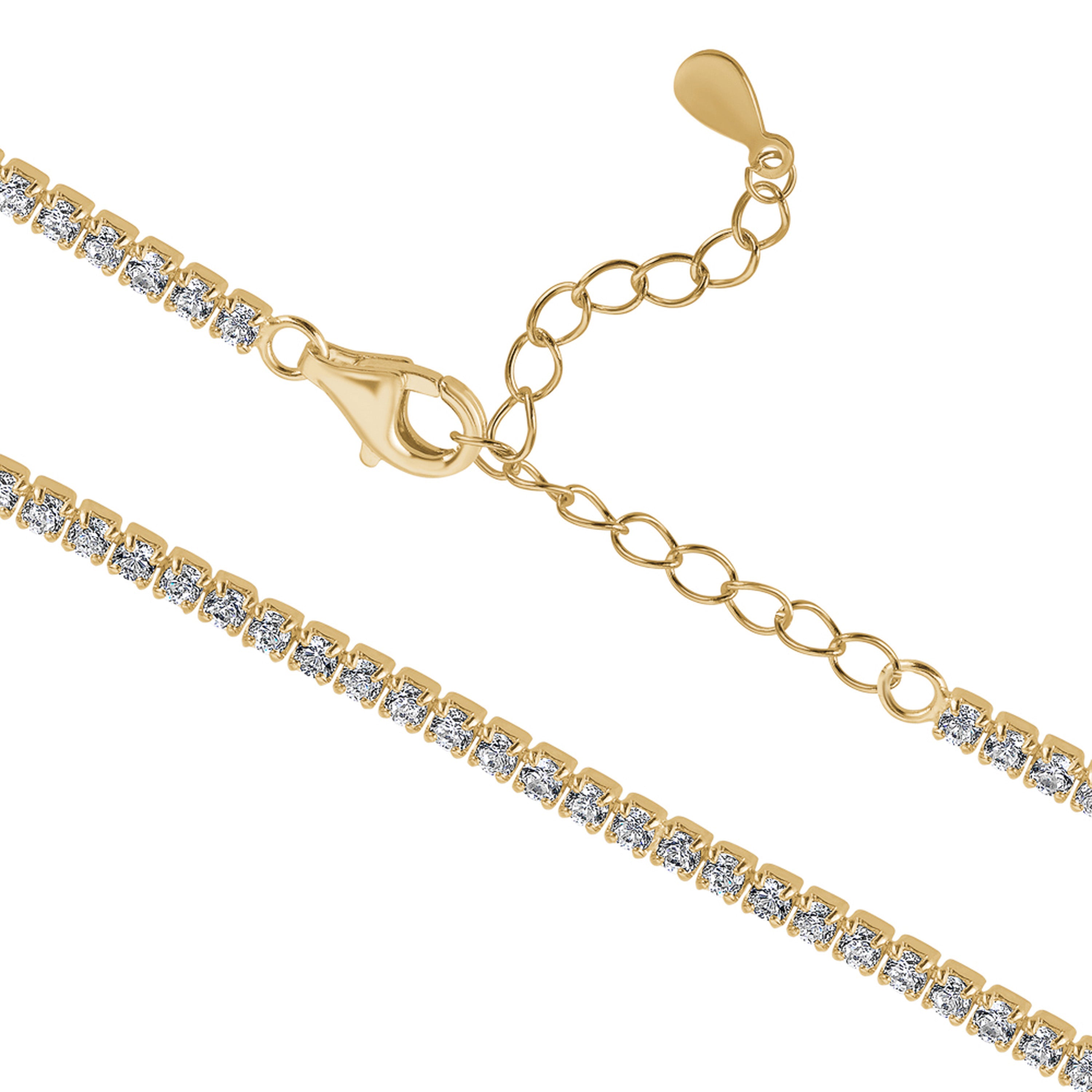 A stunning 5A Cubic Zirconia Tennis Necklace and 7mm Stud Earrings Set, crafted from 925 sterling silver and plated with 18K gold, displayed elegantly in a jewelry box.