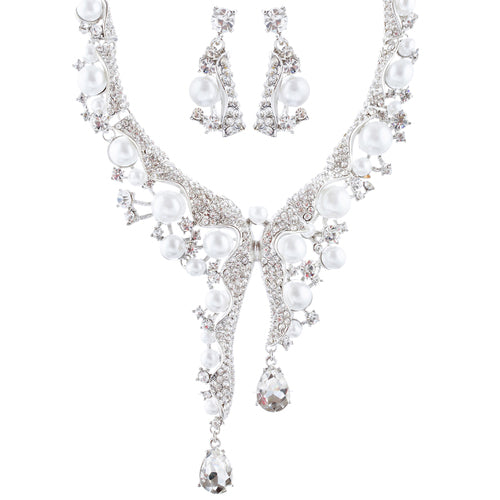 Bridal Wedding Jewelry Set featuring Crystal Pearl Chunky Duo Linear Drops, showcasing a silver necklace with rhinestones and faux pearls, and matching earrings.