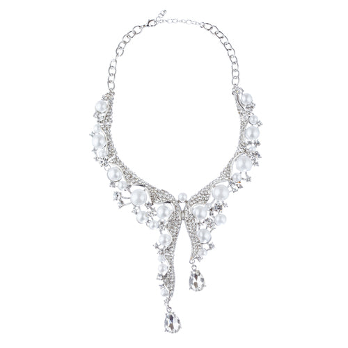 Bridal Wedding Jewelry Set featuring Crystal Pearl Chunky Duo Linear Drops, showcasing a silver necklace with rhinestones and faux pearls, and matching earrings.