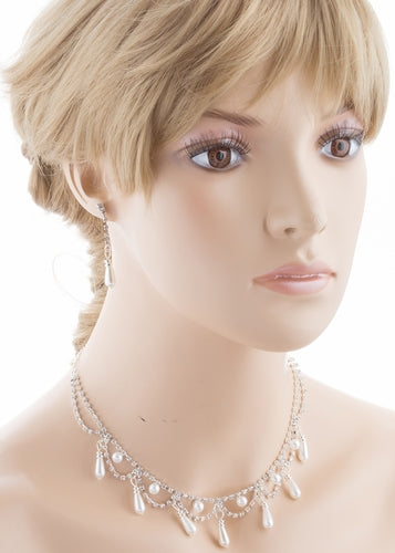 Bridal Wedding Jewelry Set featuring crystal rhinestones and pearls, including a 15-inch necklace with extension and 1.5-inch dangle earrings.