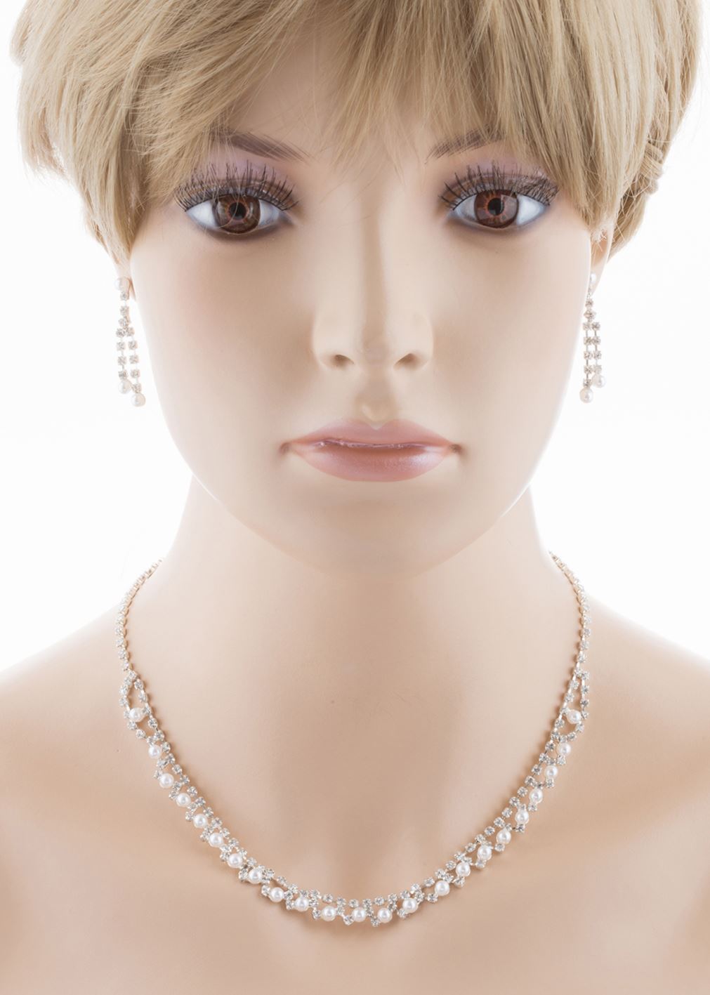 Bridal Wedding Jewelry Set featuring crystal rhinestones and faux pearls, including a necklace and matching earrings in silver plating.