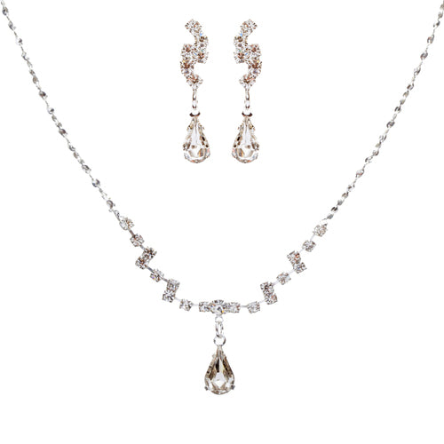 Bridal Wedding Jewelry Set featuring a Crystal Rhinestone Simple Teardrop Necklace and matching dangle earrings, elegantly displayed on a soft background.