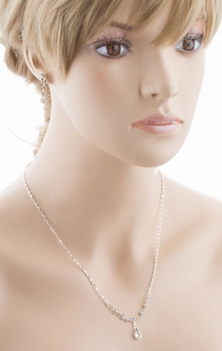 Bridal Wedding Jewelry Set featuring a Crystal Rhinestone Simple Teardrop Necklace and matching dangle earrings, elegantly displayed on a soft background.