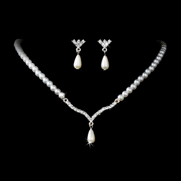 Bridal Wedding Jewelry Set featuring crystal rhinestones and teardrop pearls, elegantly displayed with a silver finish.