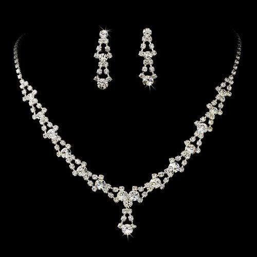 Bridal Wedding Jewelry Set featuring crystal rhinestones, includes a necklace and matching earrings in elegant silvertone finish.