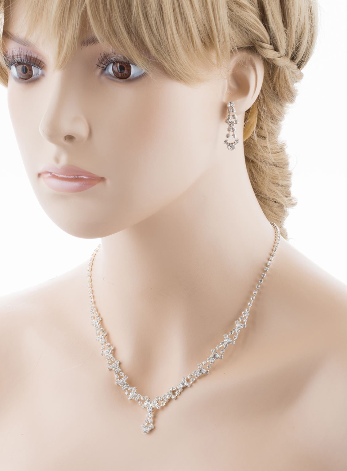 Bridal Wedding Jewelry Set featuring crystal rhinestones, includes a necklace and matching earrings in elegant silvertone finish.