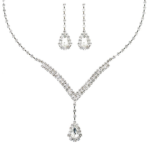 Main Bridal Wedding Jewelry Set  Necklace Earring Crystal Rhinestone V Drop image